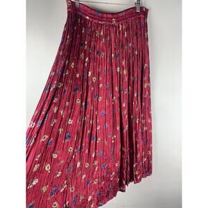 VTG Maxi Skirt Size M Red Floral Silky Crinkled Prairie Cottage Peasant Pansy